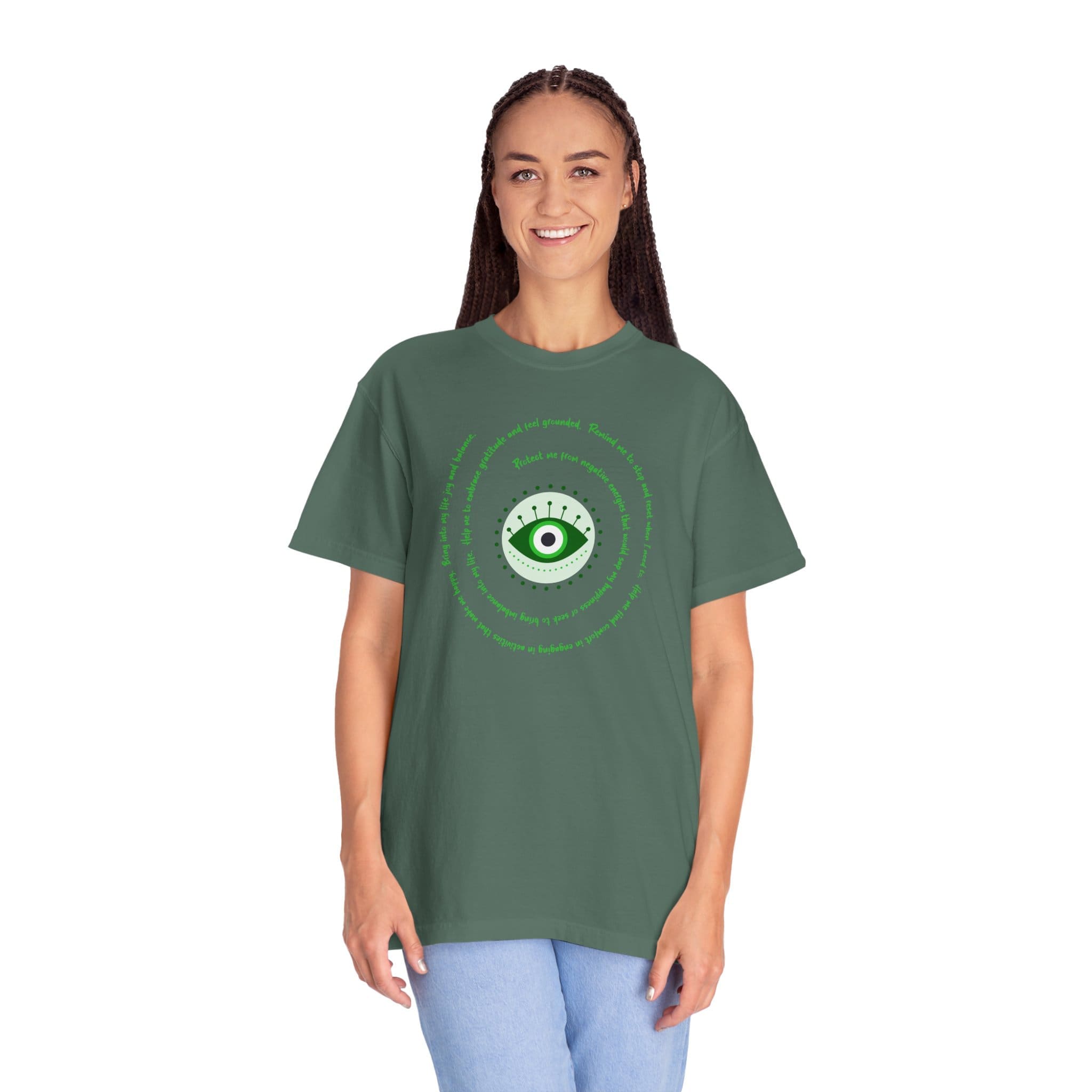 Dark Green Evil Eye Protection Heavyweight T-Shirt - Green Text - Image 19