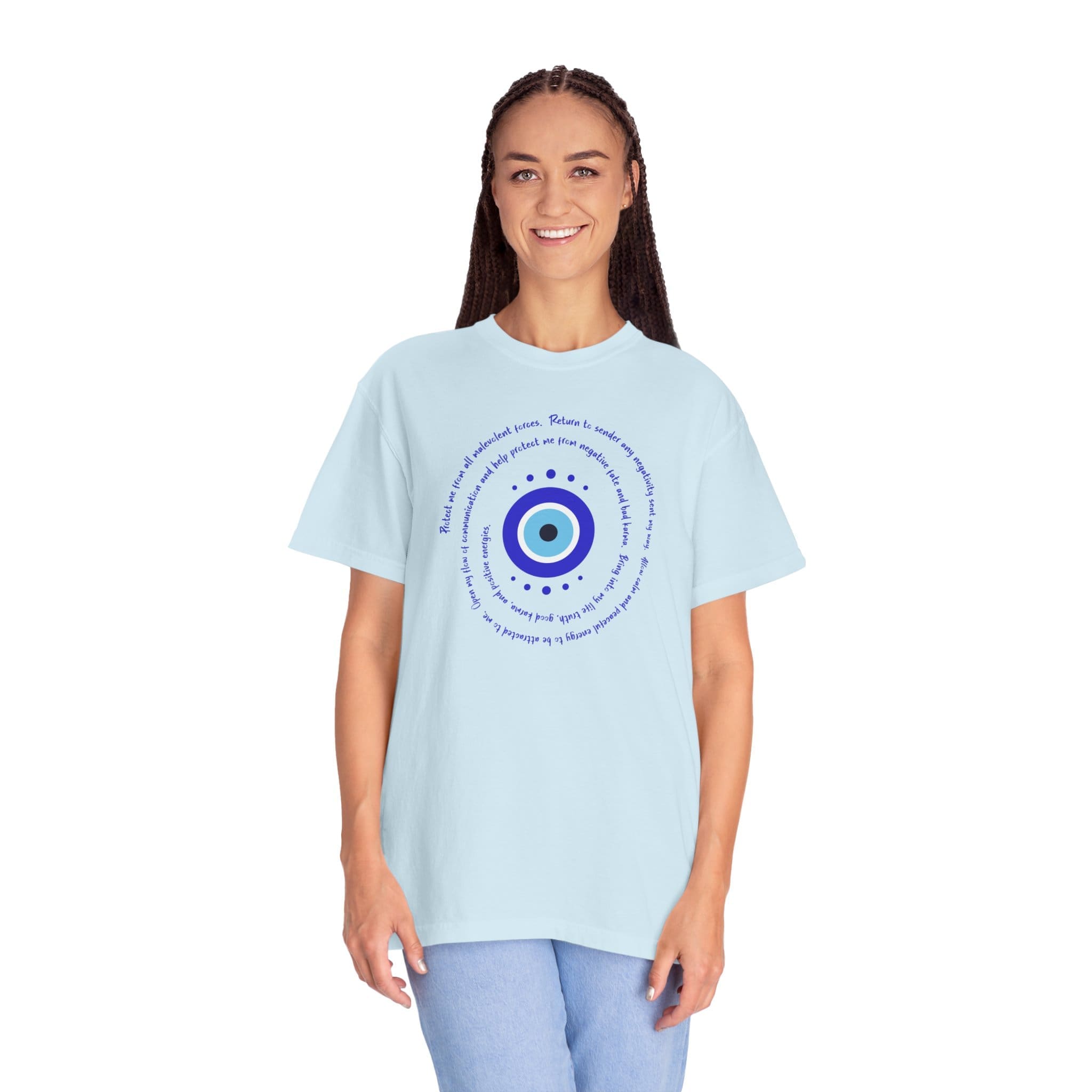 Dark Blue Evil Eye Protection Heavyweight T-Shirt- Blue Text - Image 11