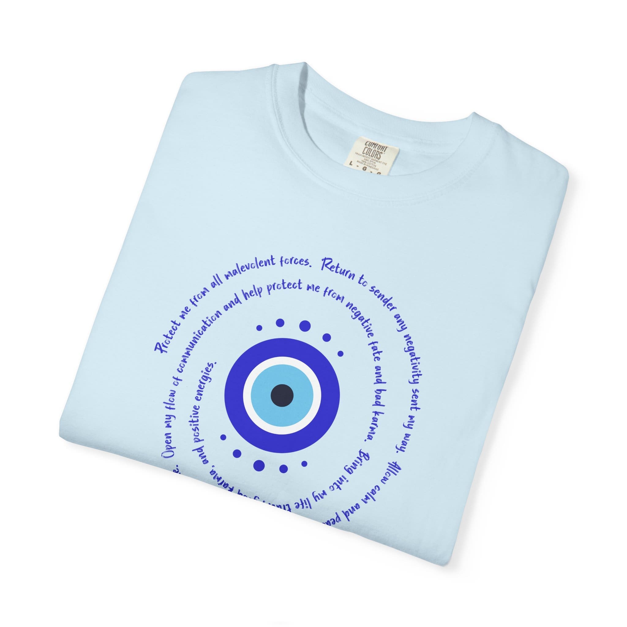 Dark Blue Evil Eye Protection Heavyweight T-Shirt- Blue Text - Image 9
