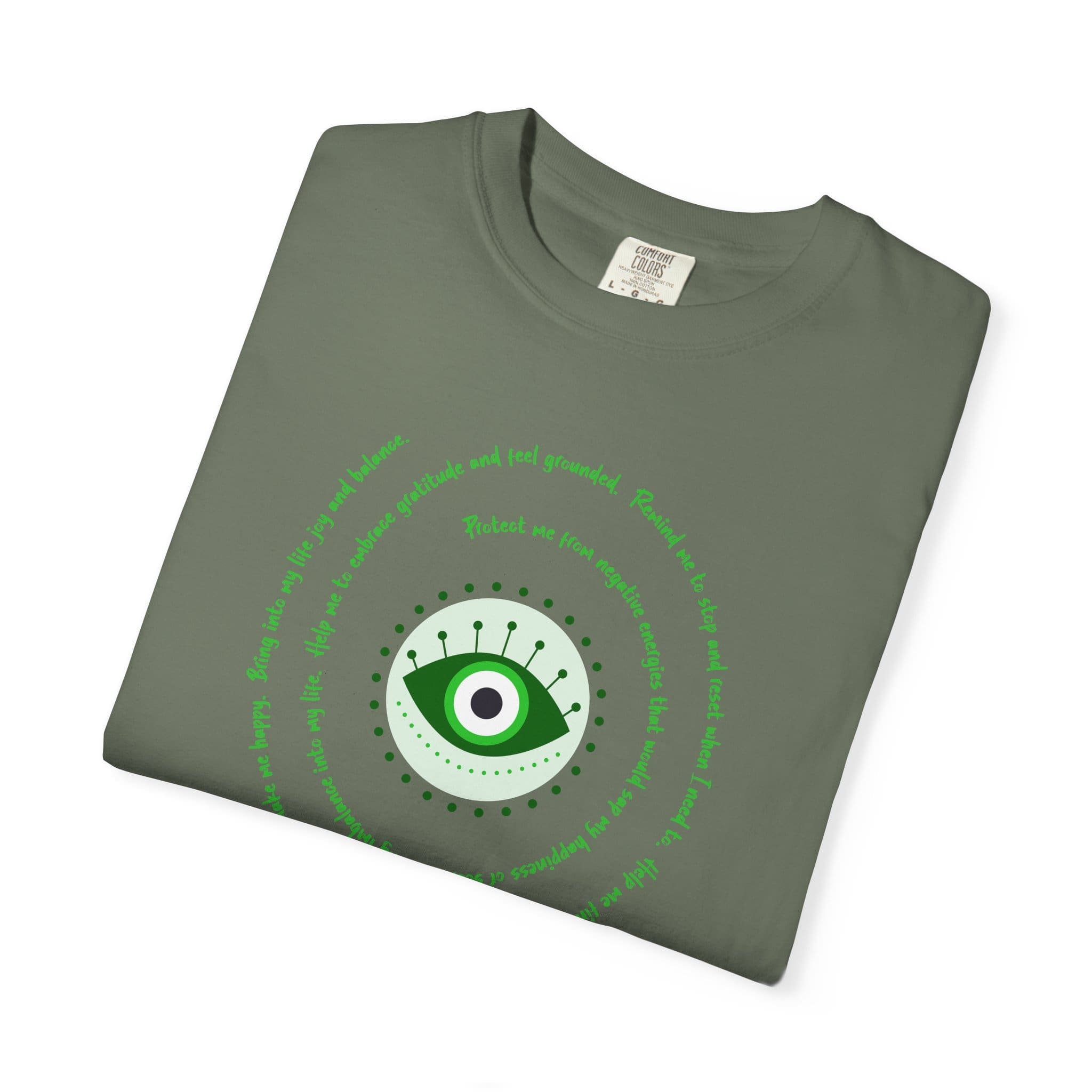 Dark Green Evil Eye Protection Heavyweight T-Shirt - Green Text - Image 21