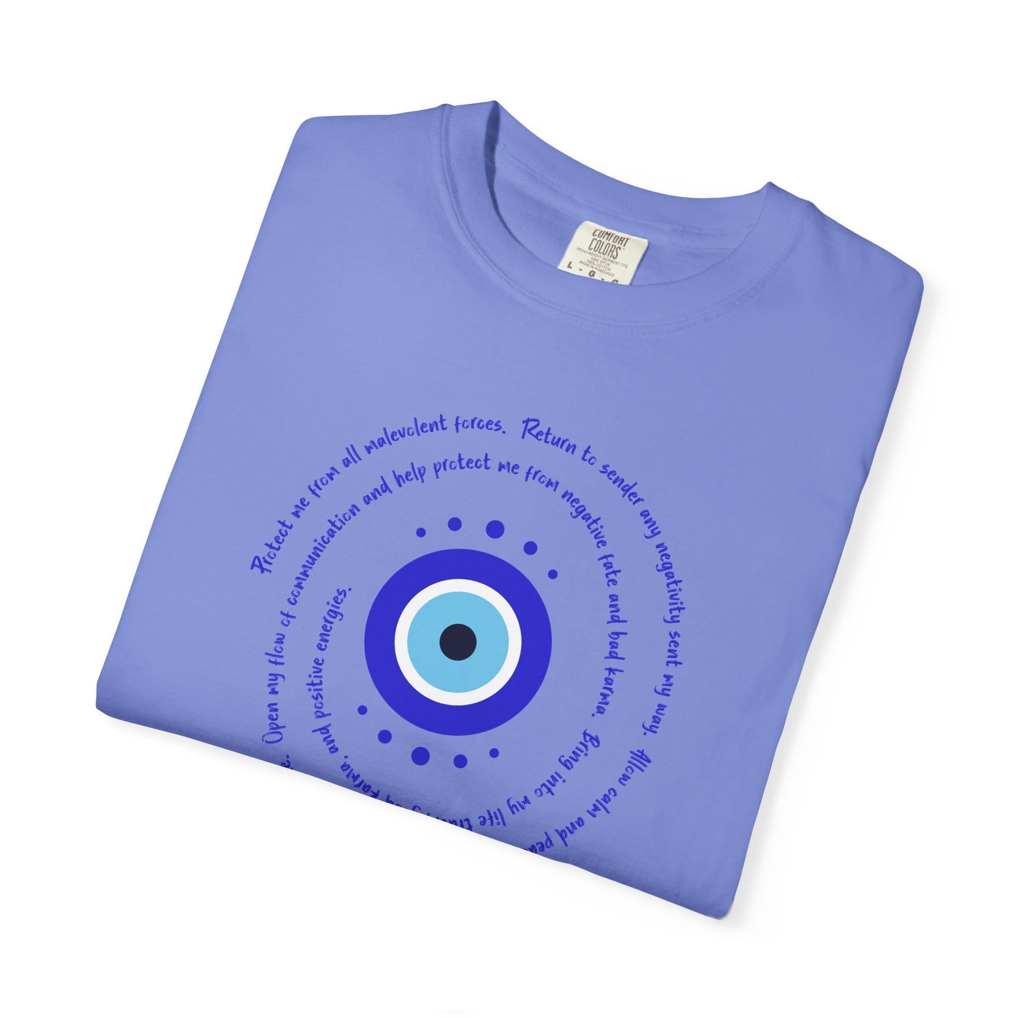 Dark Blue Evil Eye Protection Heavyweight T-Shirt- Blue Text - Image 13