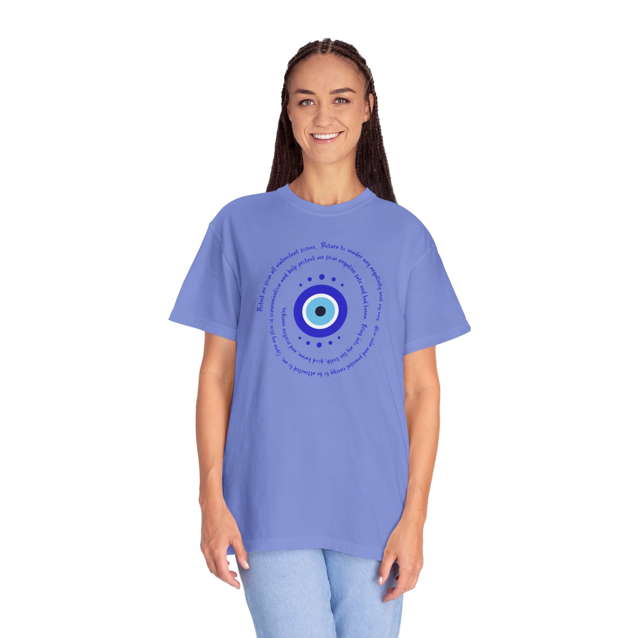Dark Blue Evil Eye Protection Heavyweight T-Shirt- Blue Text - Image 15