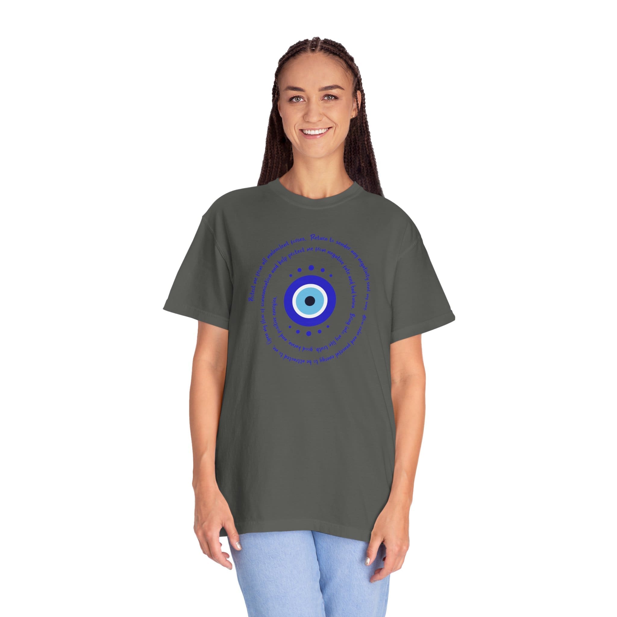 Dark Blue Evil Eye Protection Heavyweight T-Shirt- Blue Text - Image 23