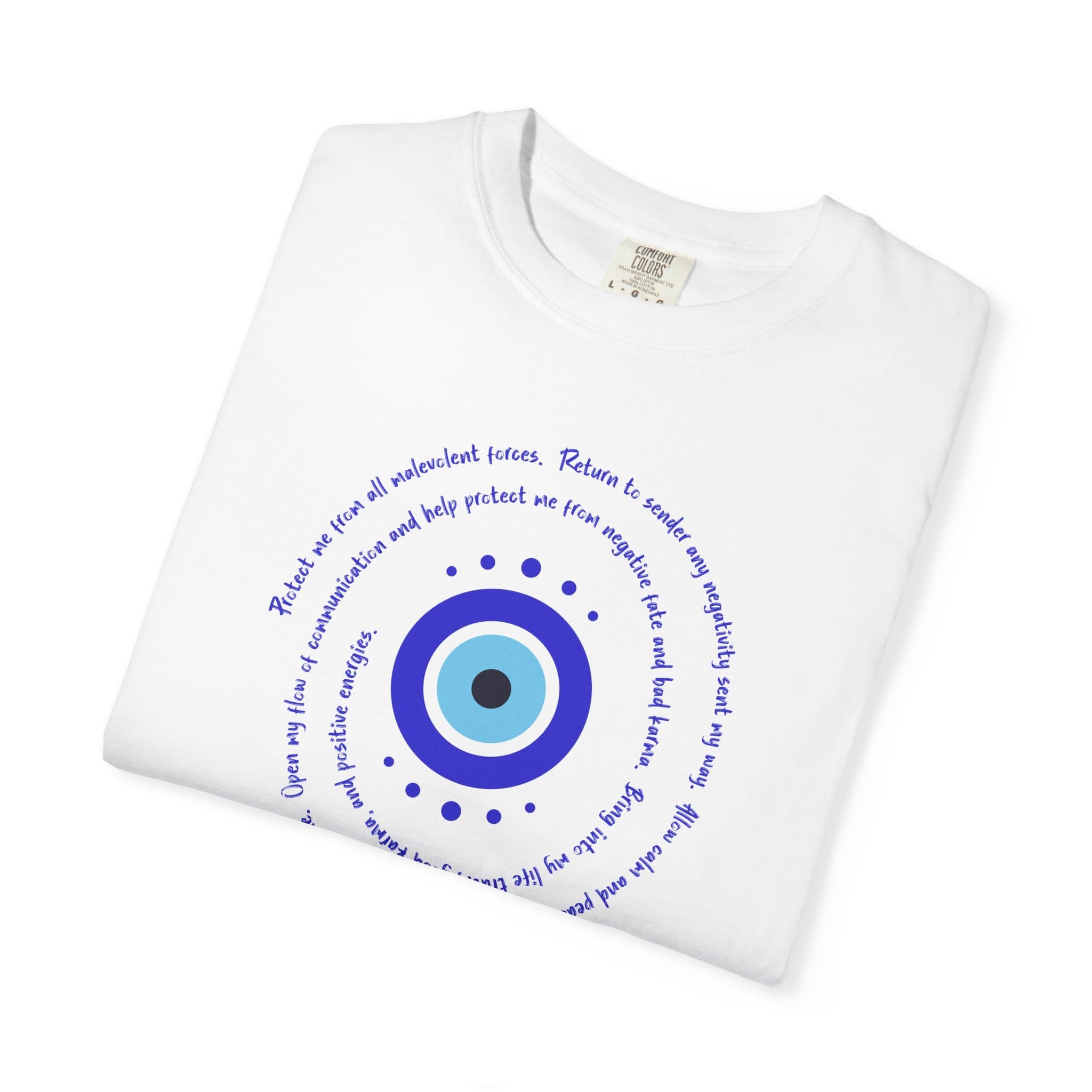 Dark Blue Evil Eye Protection Heavyweight T-Shirt- Blue Text - Image 4