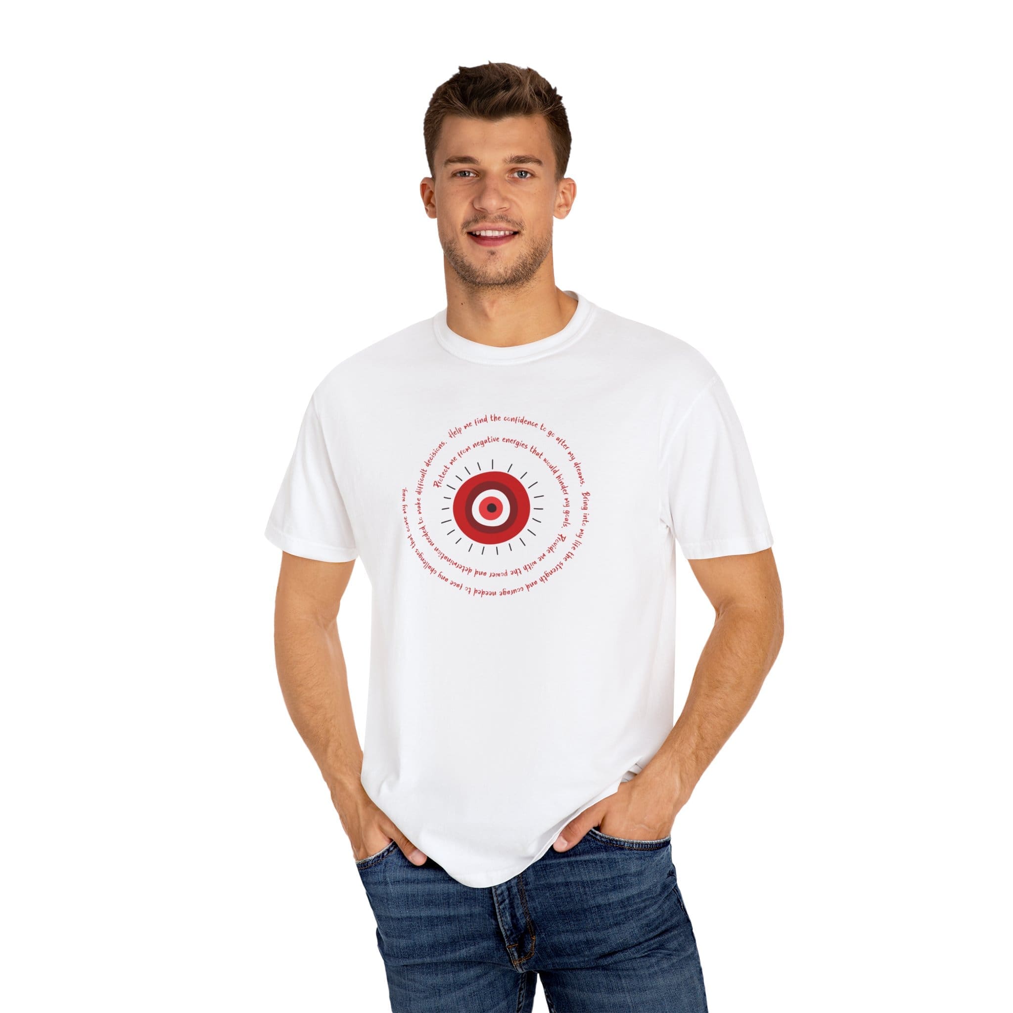 Red Evil Eye Protection Heavyweight T-Shirt - Red Text - Image 19