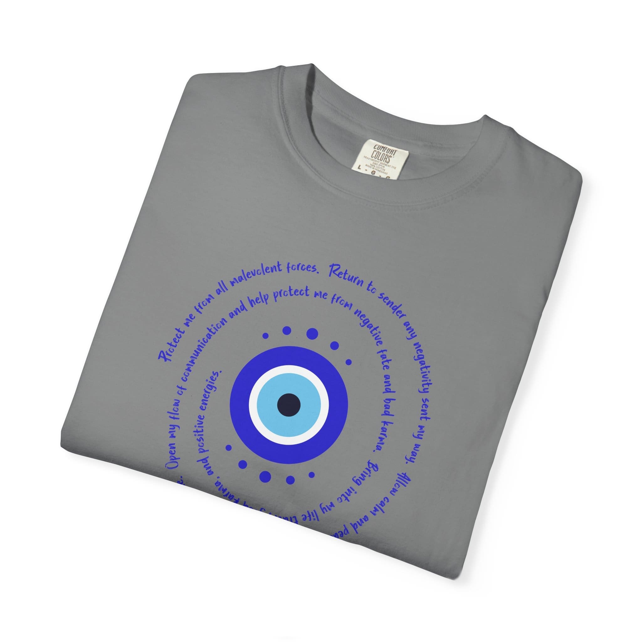 Dark Blue Evil Eye Protection Heavyweight T-Shirt- Blue Text - Image 17