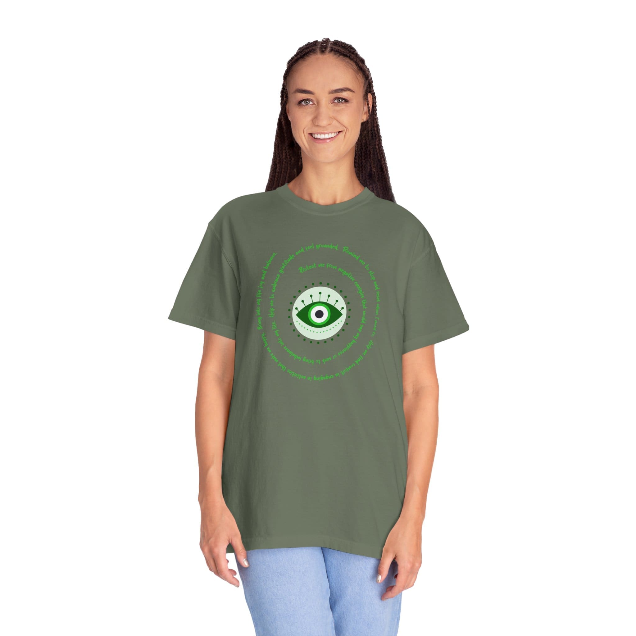 Dark Green Evil Eye Protection Heavyweight T-Shirt - Green Text - Image 23
