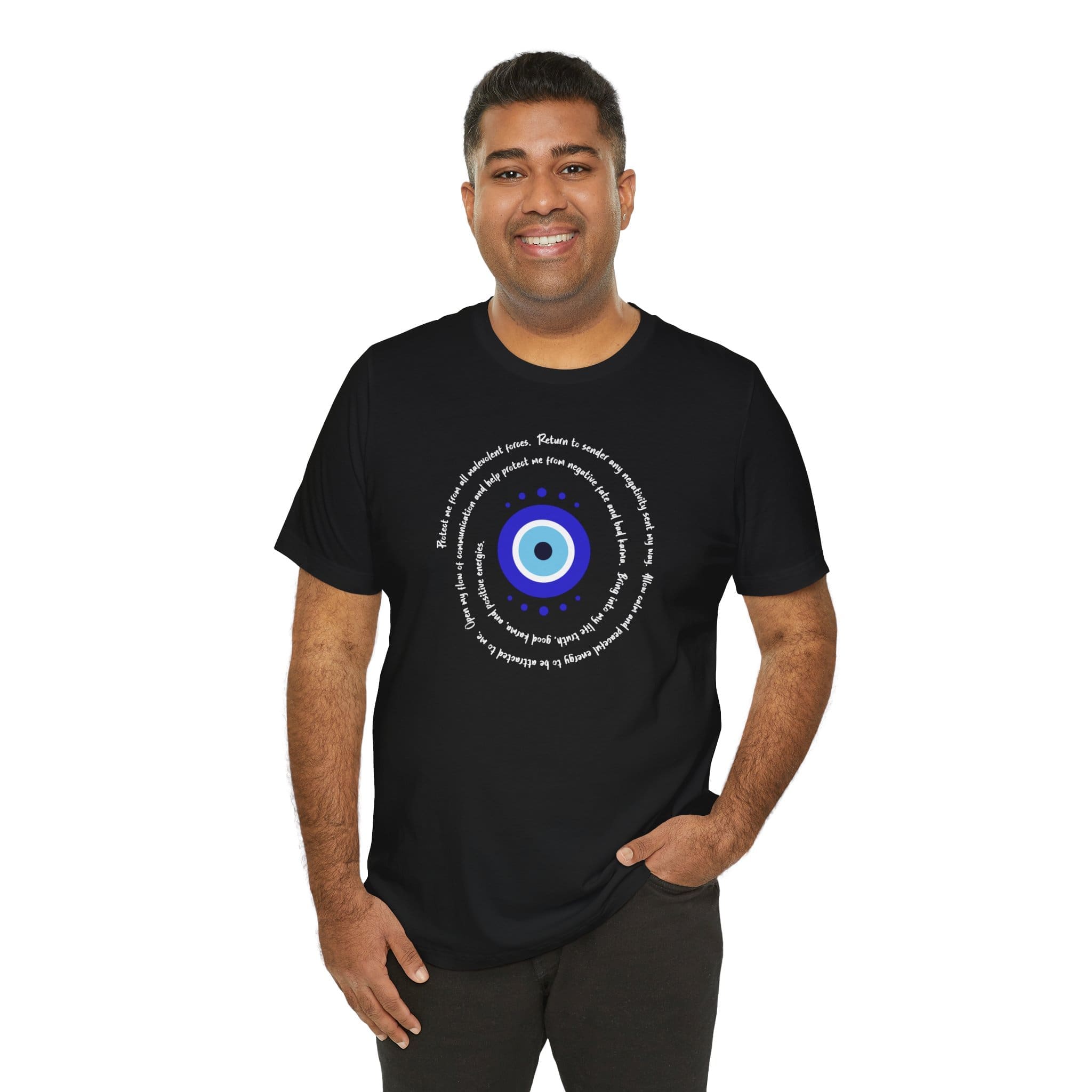 Dark Blue Evil Eye Protection Lightweight T-Shirt - White Text - Image 23