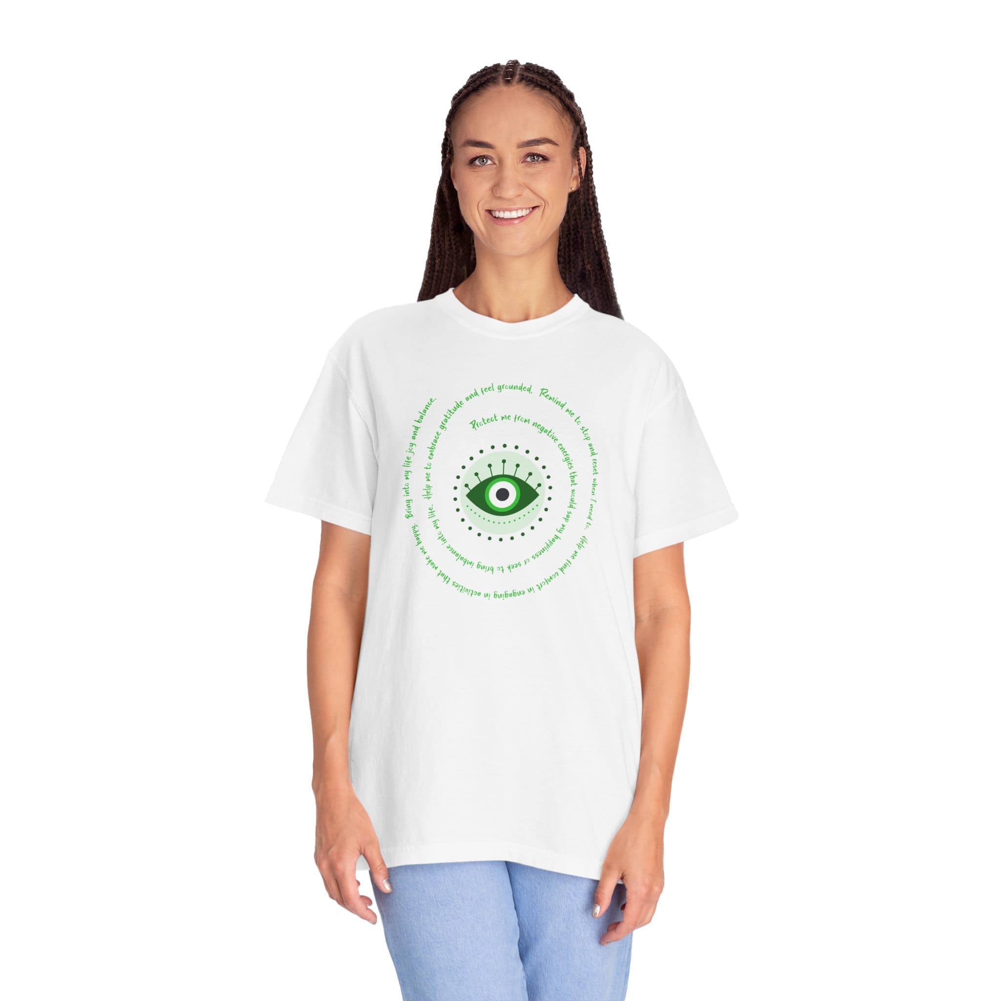 Dark Green Evil Eye Protection Heavyweight T-Shirt - Green Text - Image 7