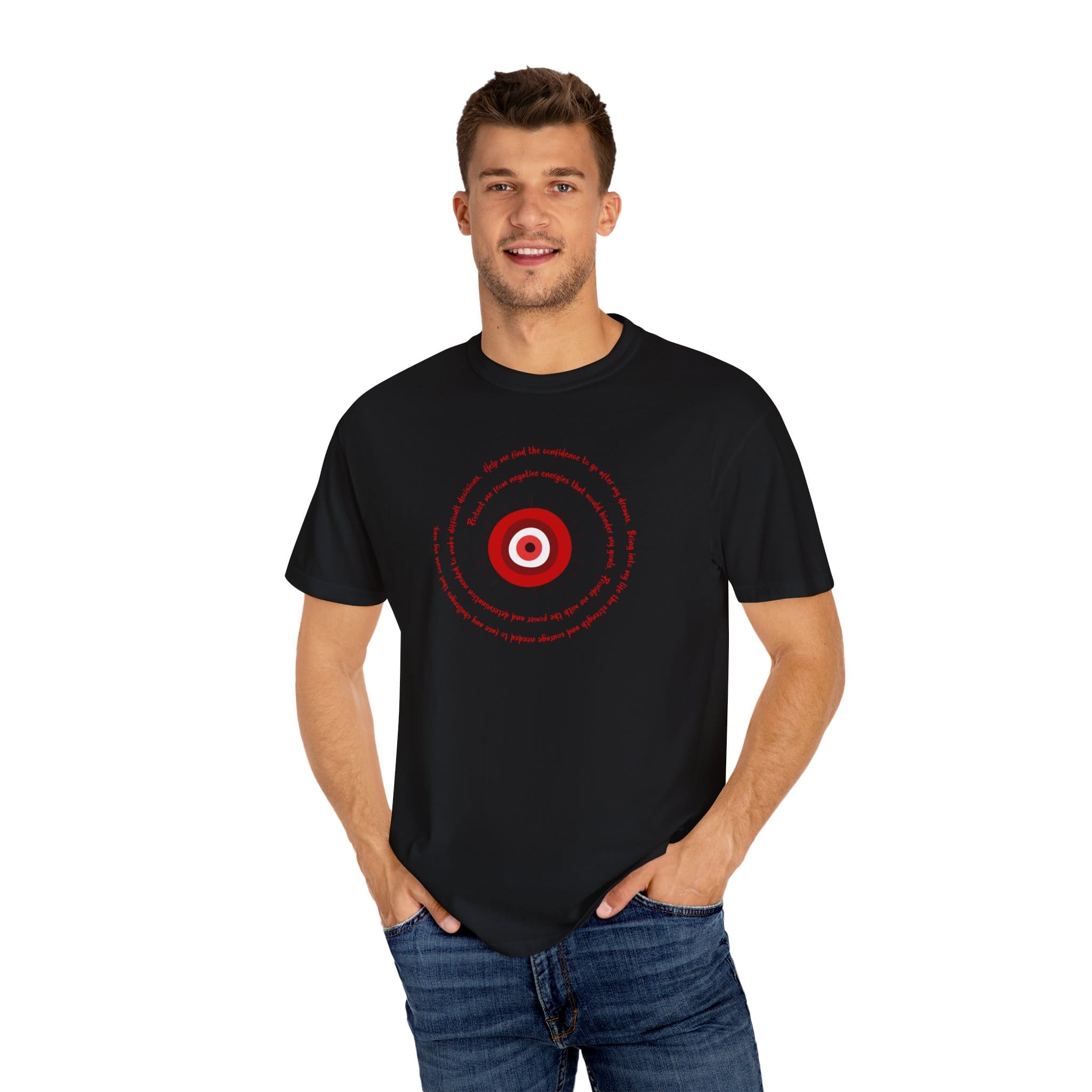 Red Evil Eye Protection Heavyweight T-Shirt - Red Text - Image 6