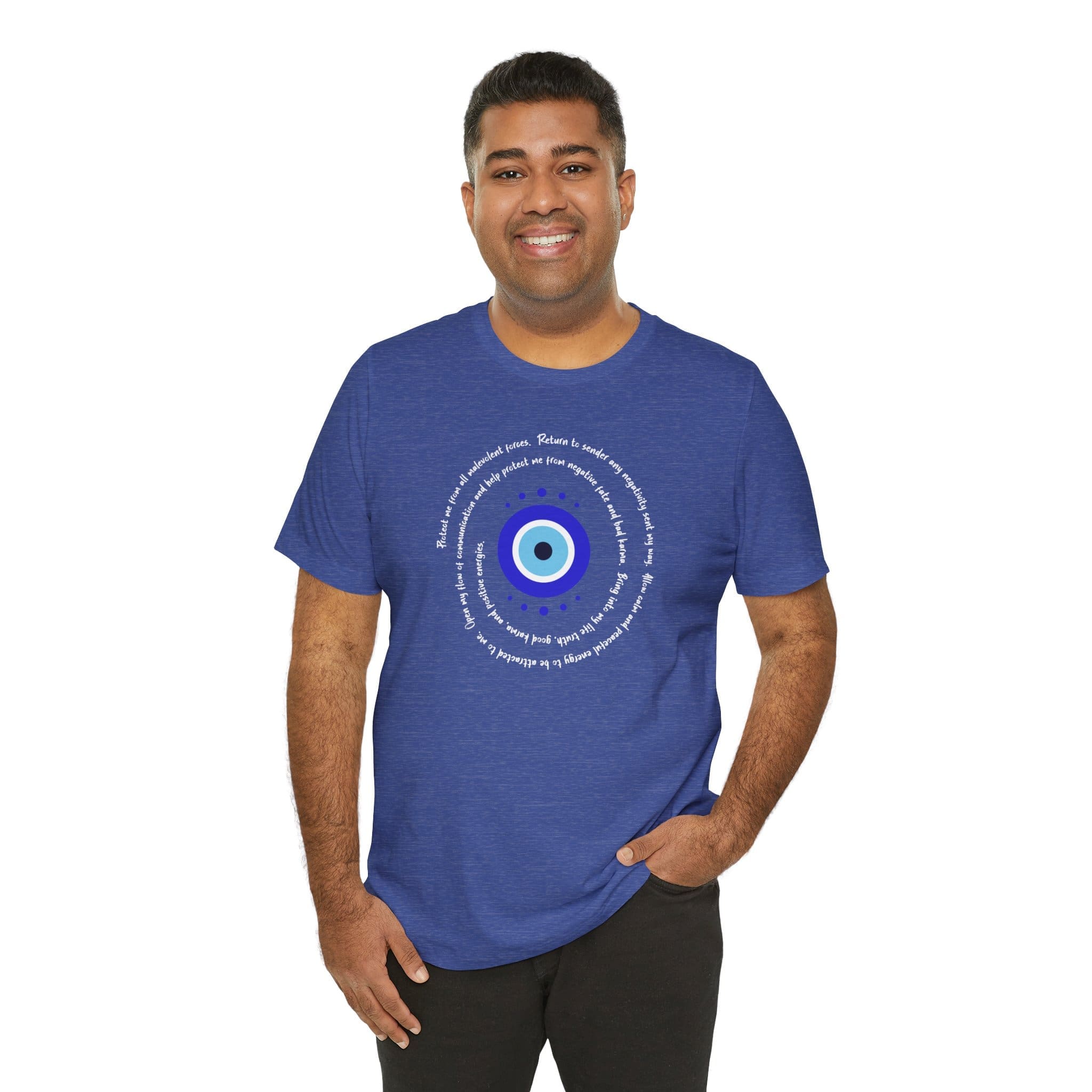 Dark Blue Evil Eye Protection Lightweight T-Shirt - White Text - Image 10
