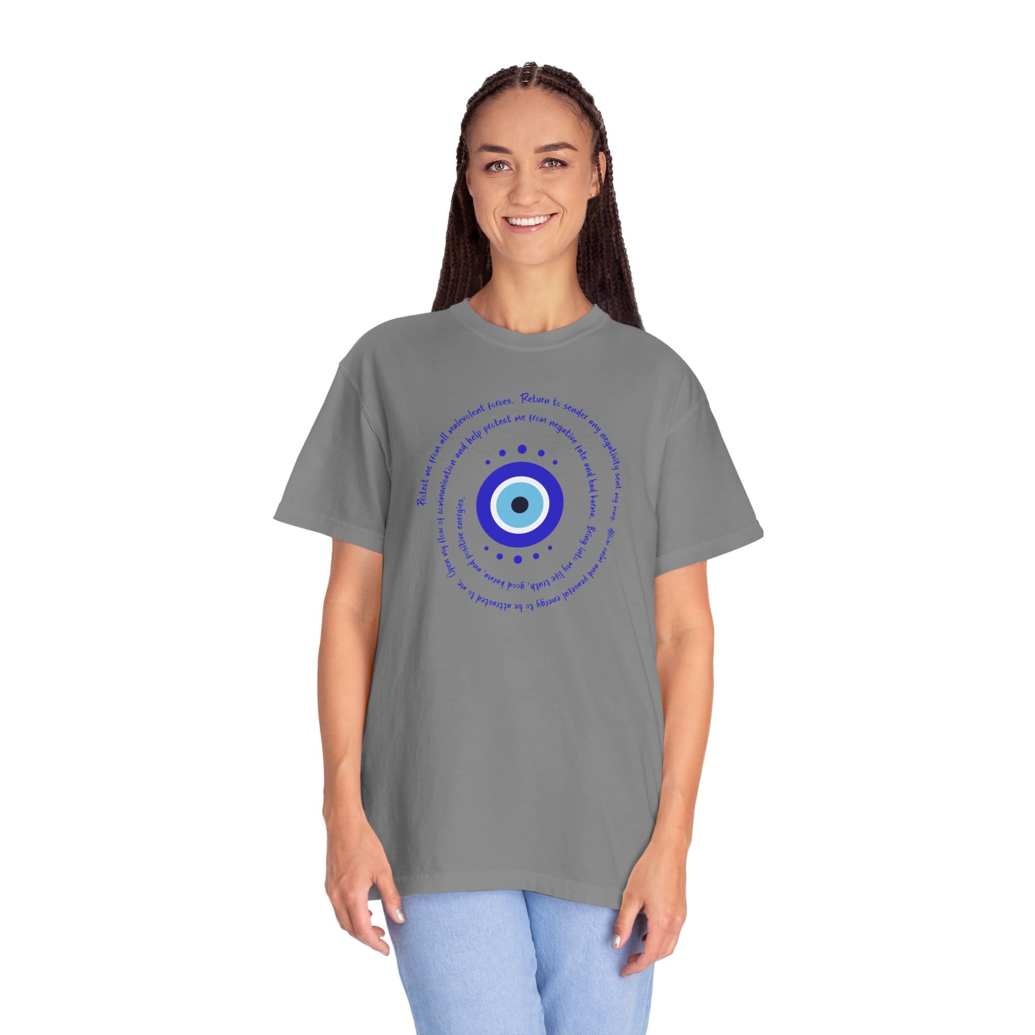 Dark Blue Evil Eye Protection Heavyweight T-Shirt- Blue Text - Image 19