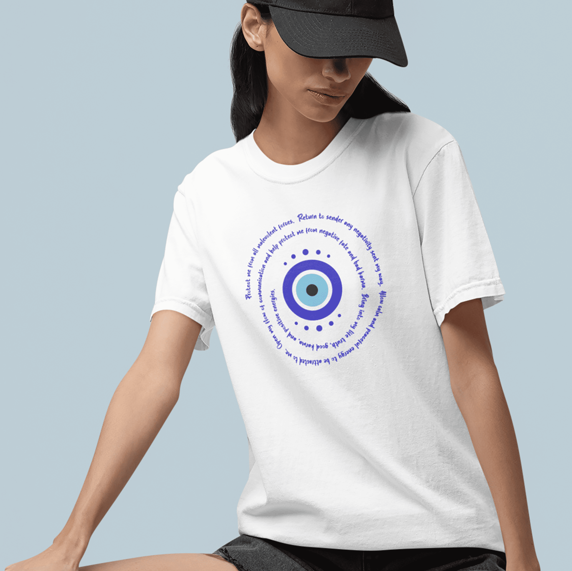 Dark Blue Evil Eye Protection Heavyweight T-Shirt- Blue Text