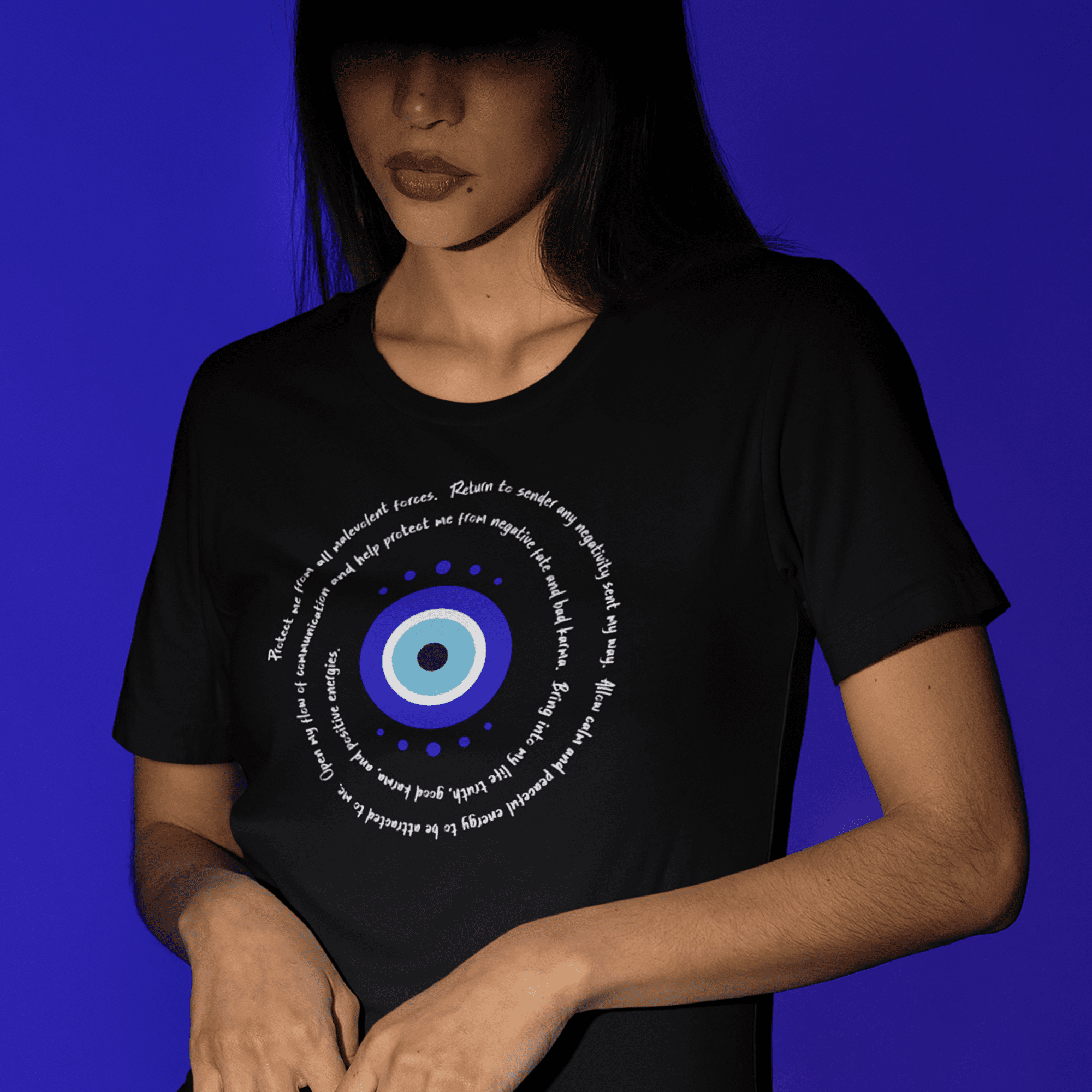 Dark Blue Evil Eye Protection Lightweight T-Shirt - White Text