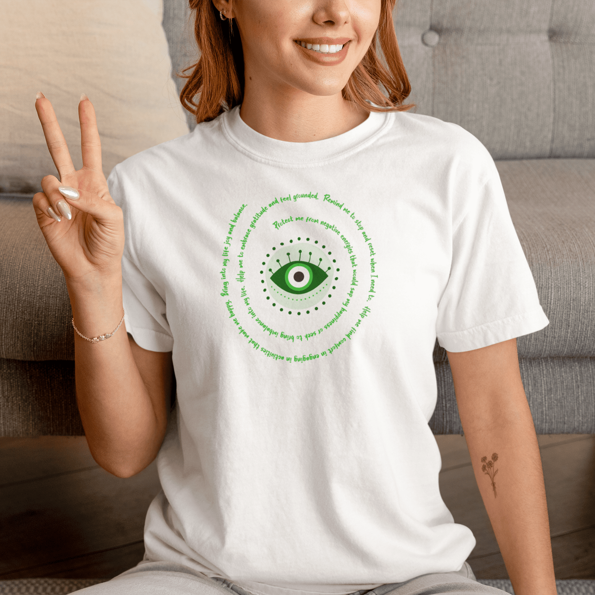 Dark Green Evil Eye Protection Heavyweight T-Shirt - Green Text