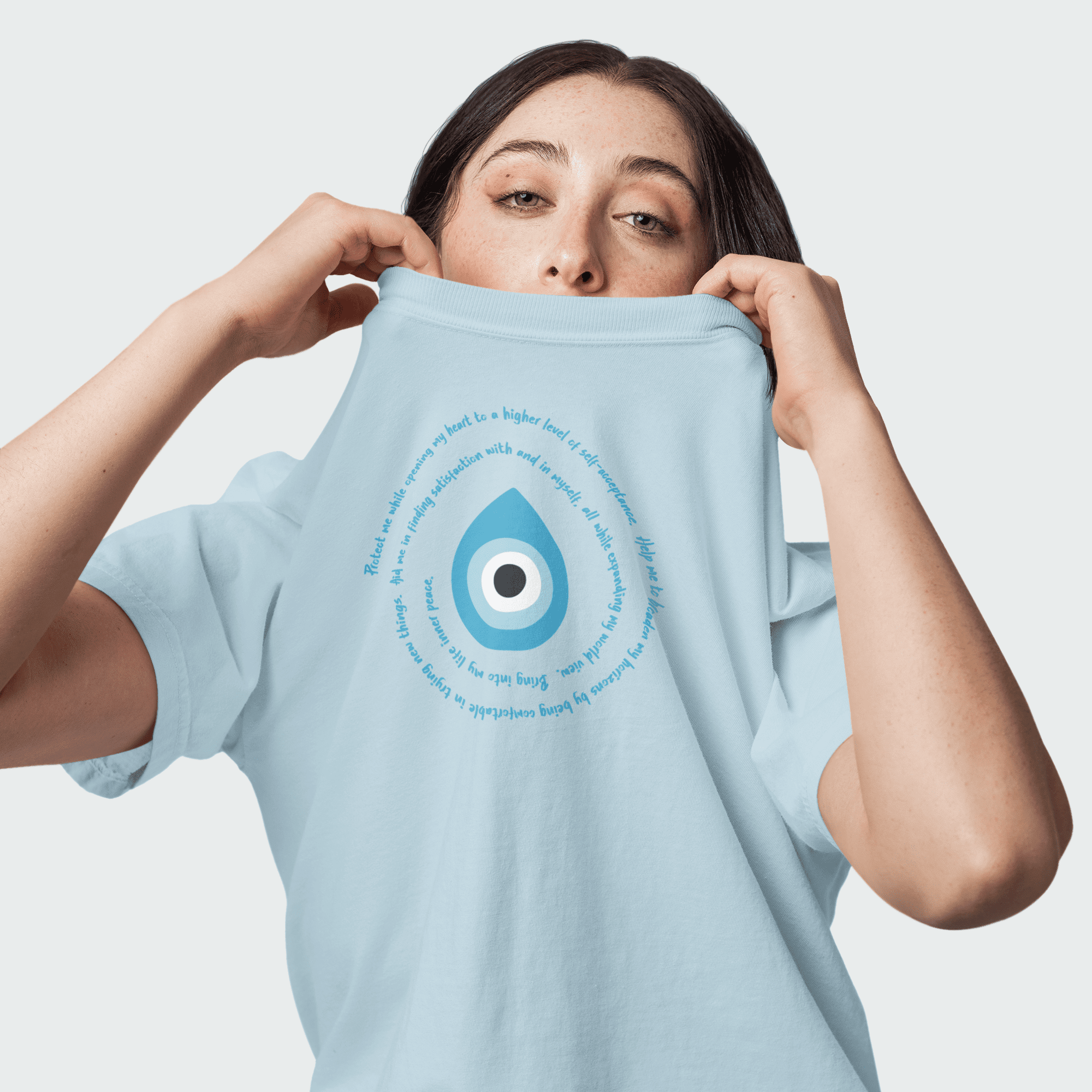 Light Blue Evil Eye Protection Heavyweight T-Shirt - Blue Text