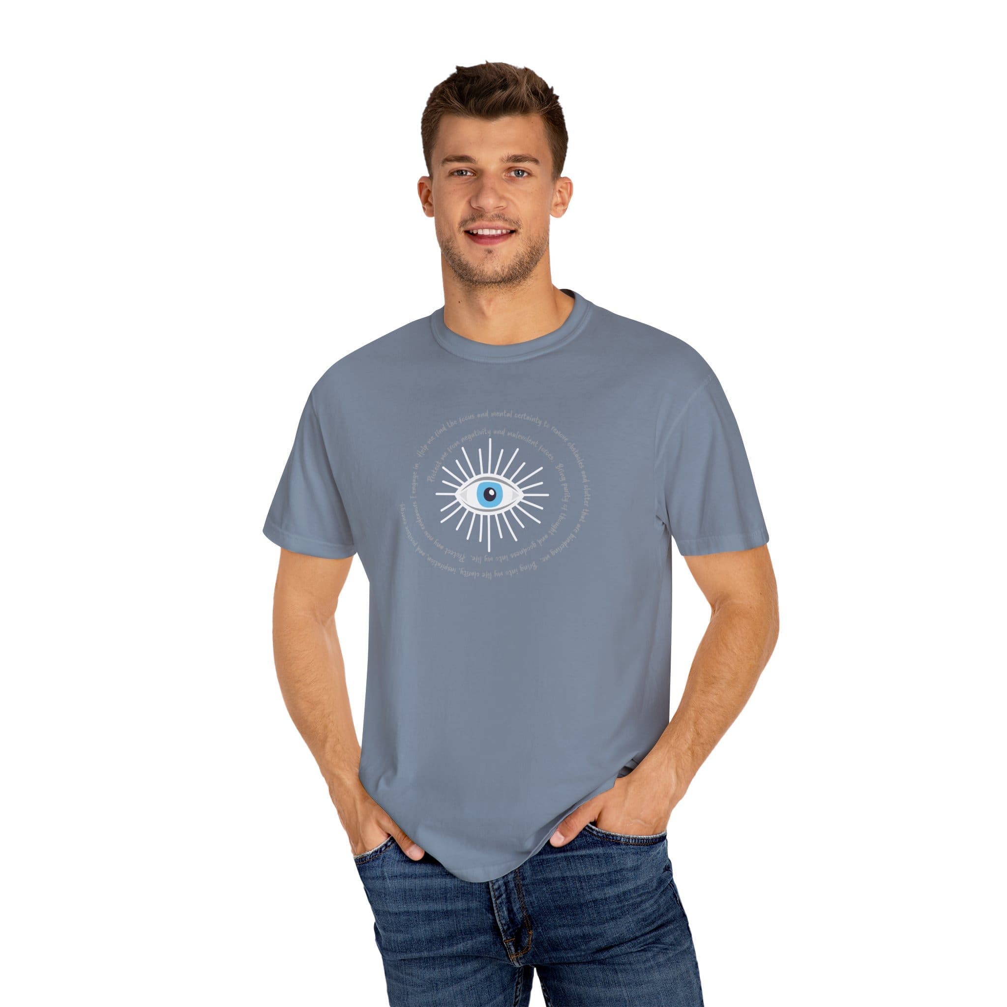 White Evil Eye Protection Heavyweight T-Shirt - Grey Text - Image 9