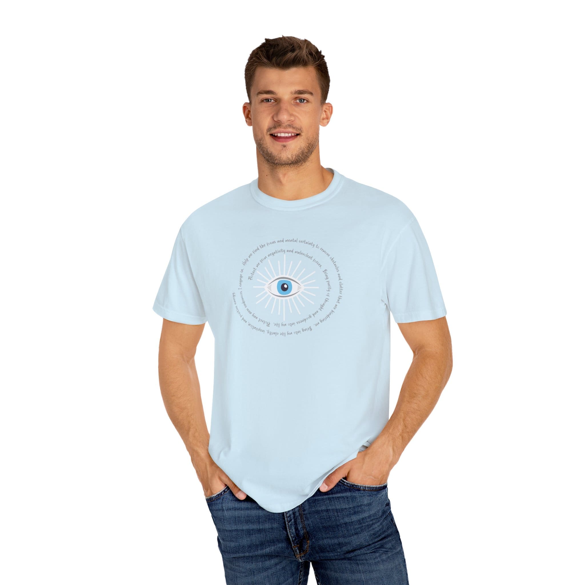 White Evil Eye Protection Heavyweight T-Shirt - Grey Text - Image 5