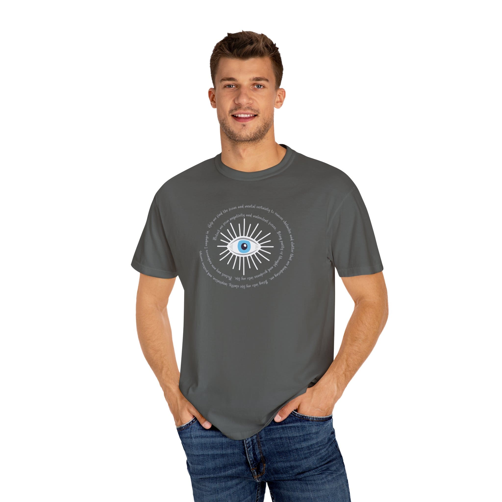 White Evil Eye Protection Heavyweight T-Shirt - Grey Text - Image 14