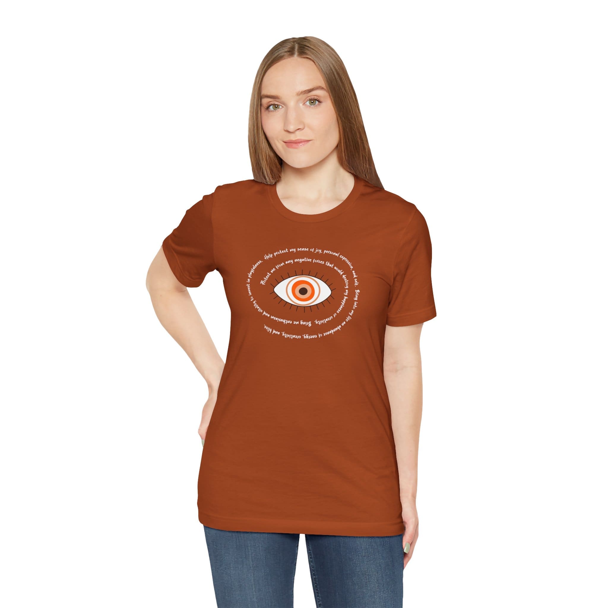 Orange Evil Eye Protection Lightweight T-Shirt - White Text - Image 10