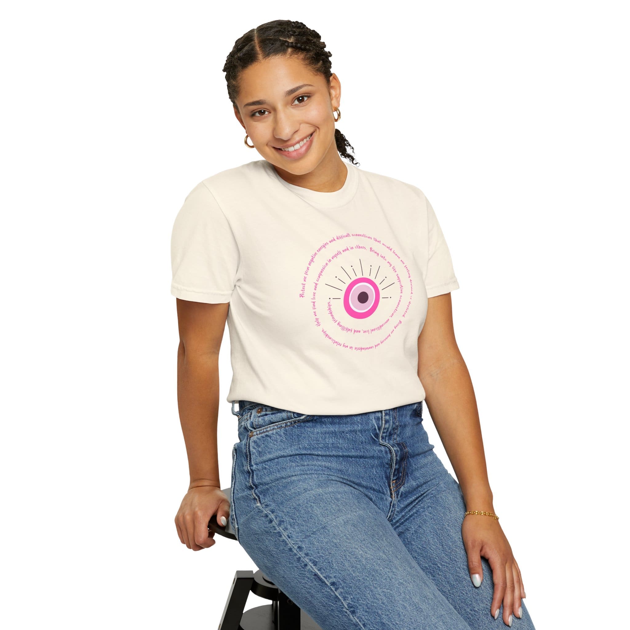 Pink Evil Eye Protection Heavyweight T-Shirt - Pink Text - Image 9