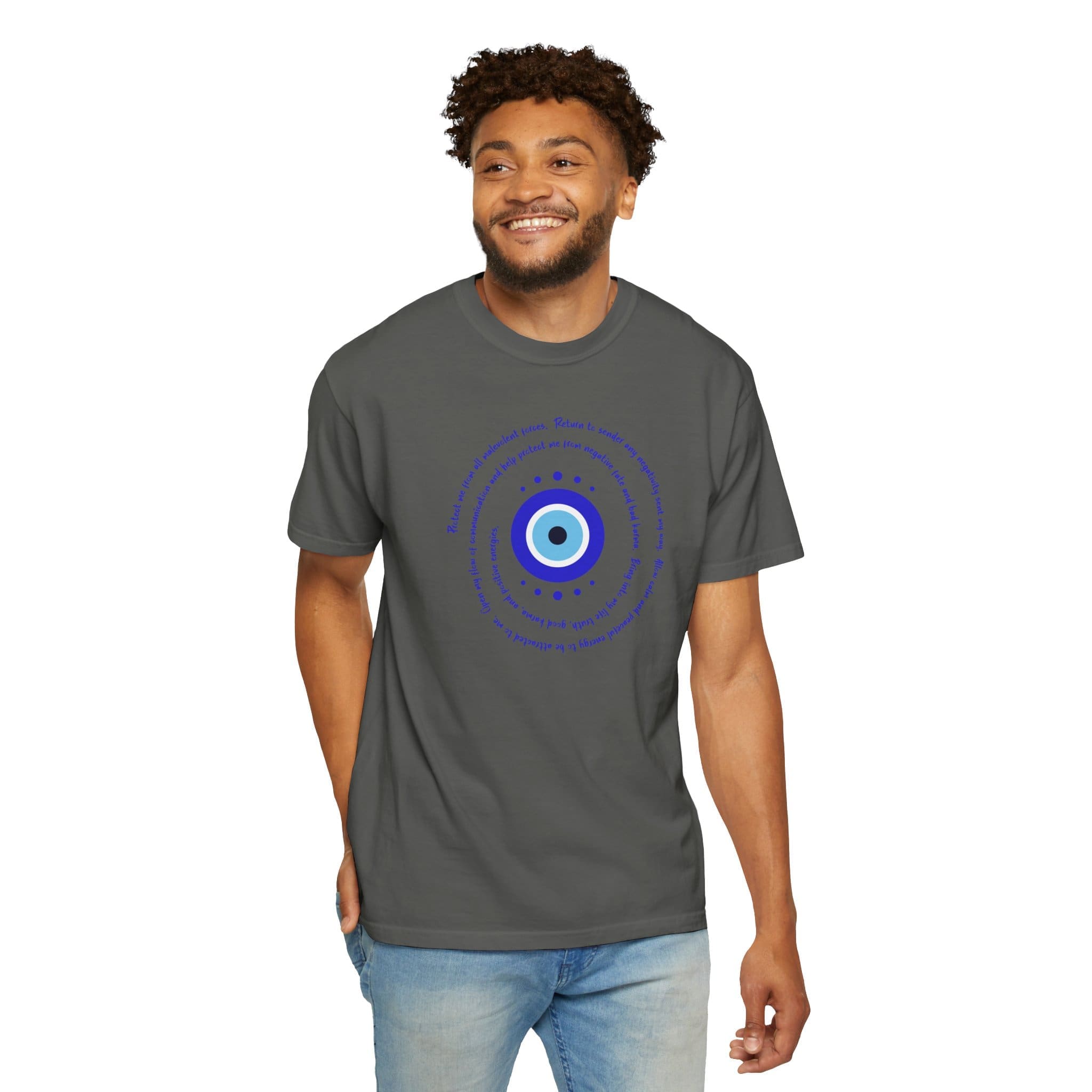 Dark Blue Evil Eye Protection Heavyweight T-Shirt- Blue Text - Image 22