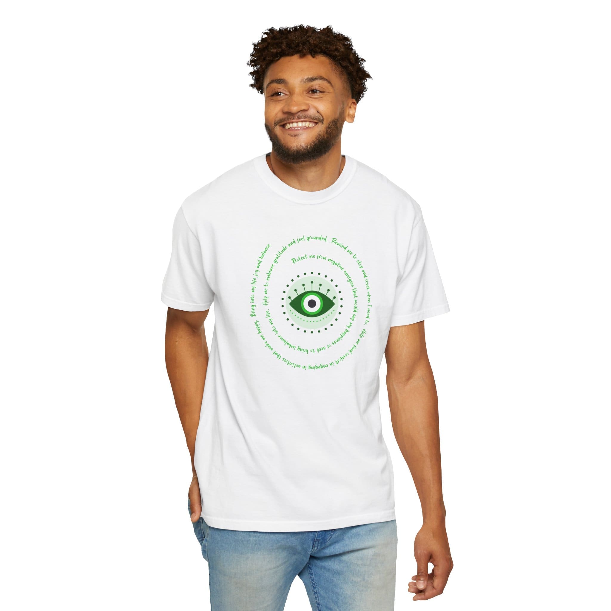 Dark Green Evil Eye Protection Heavyweight T-Shirt - Green Text - Image 6