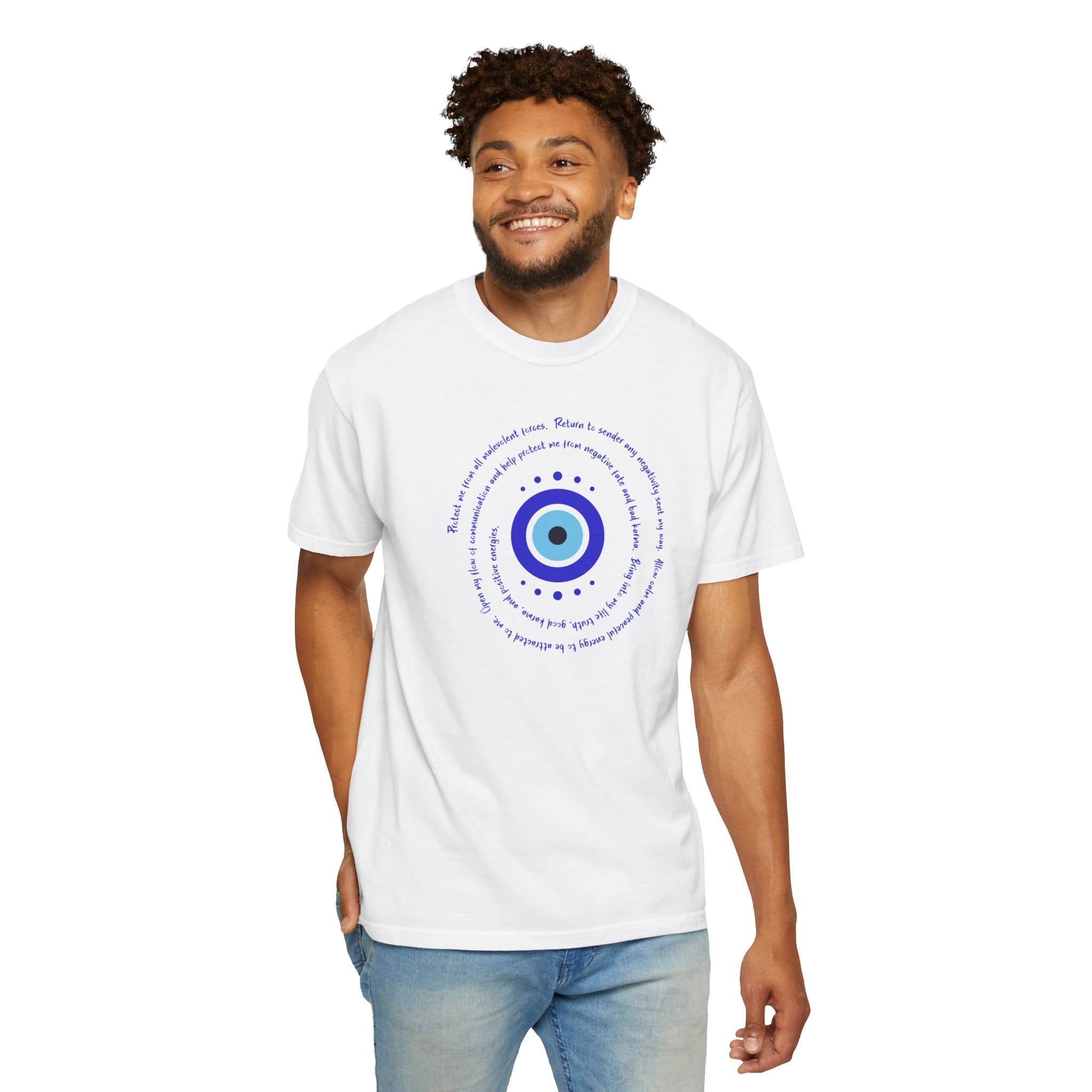 Dark Blue Evil Eye Protection Heavyweight T-Shirt- Blue Text - Image 6