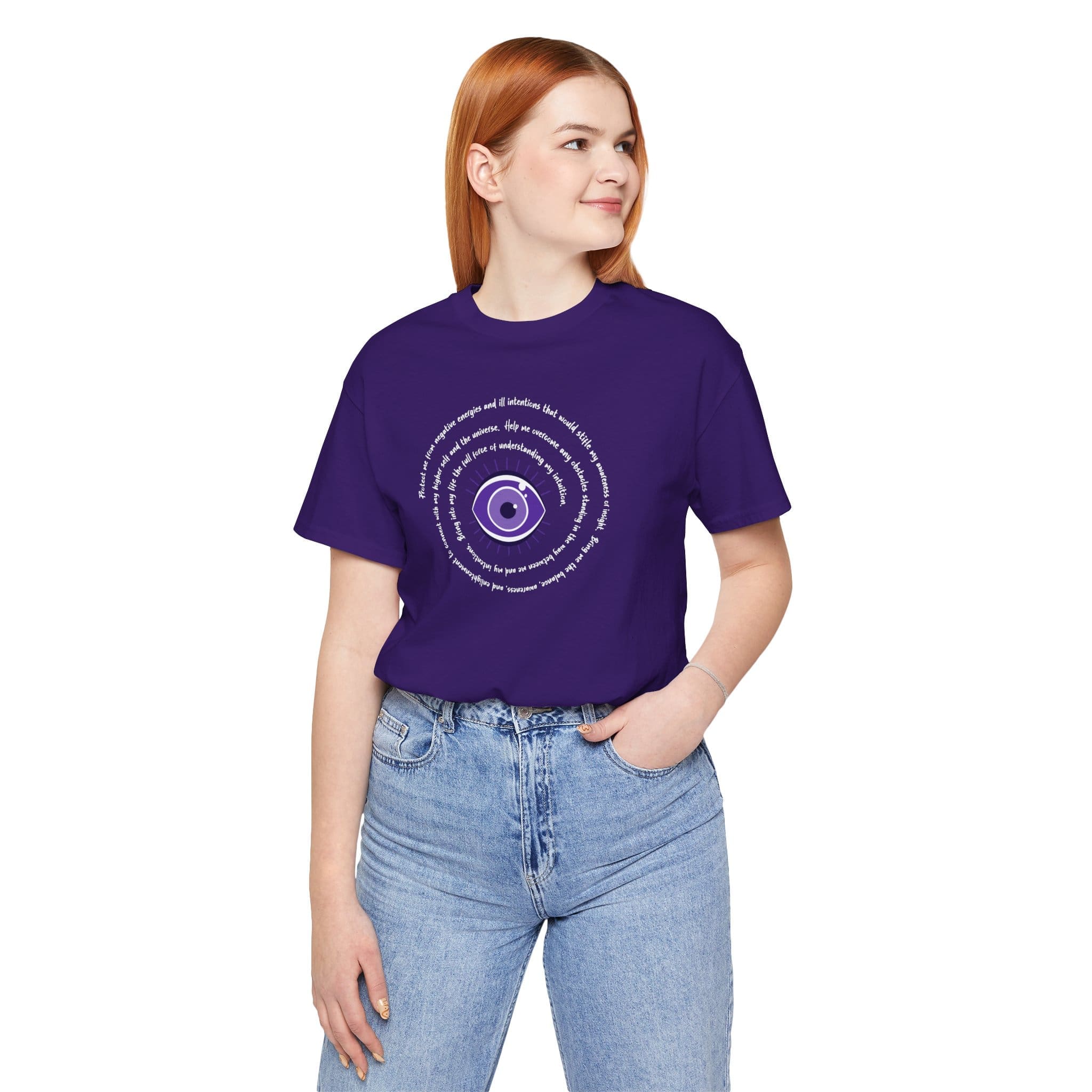 Purple Evil Eye Protection Lightweight T-Shirt - White Text - Image 4