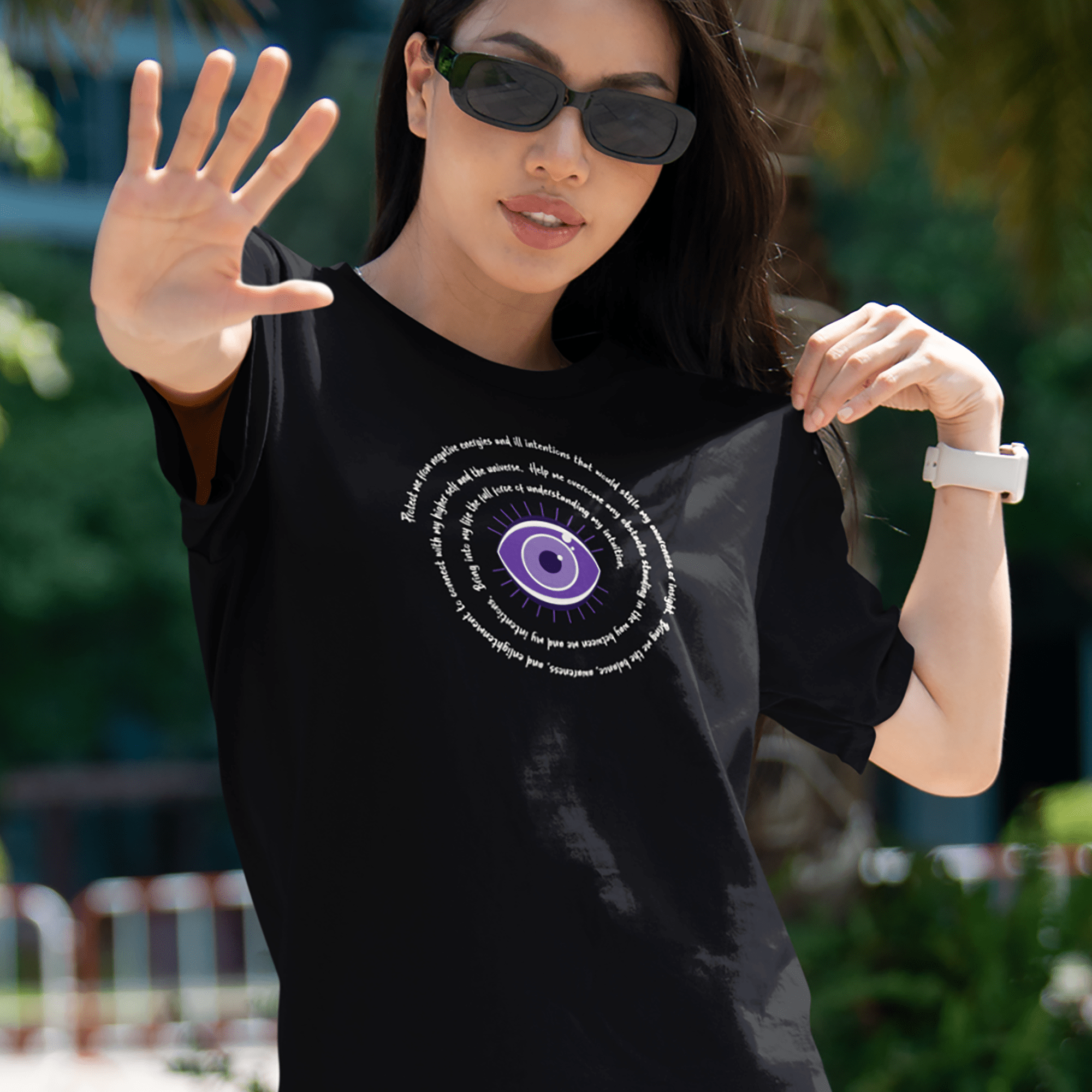 Purple Evil Eye Protection Lightweight T-Shirt - White Text