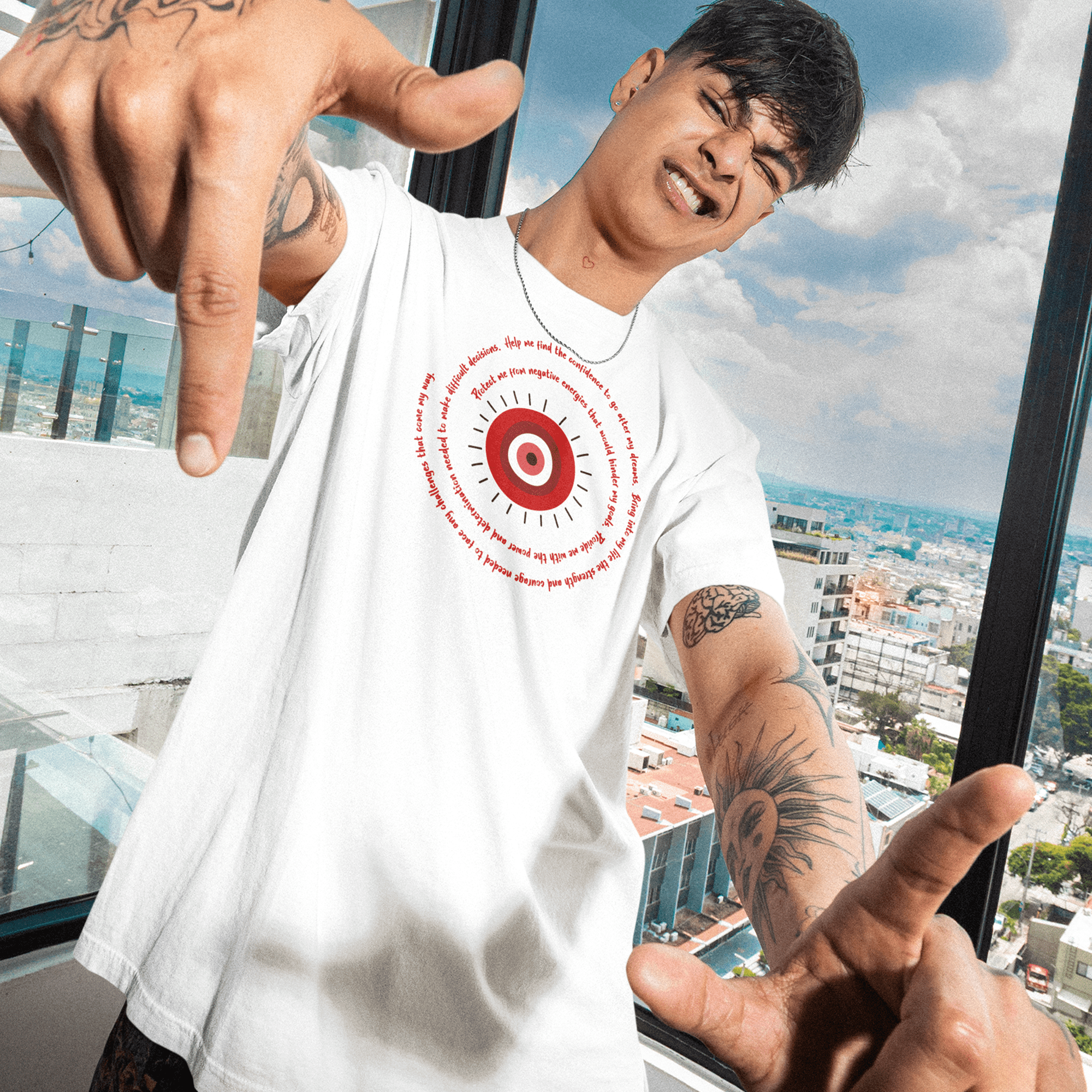 Red Evil Eye Protection Heavyweight T-Shirt - Red Text